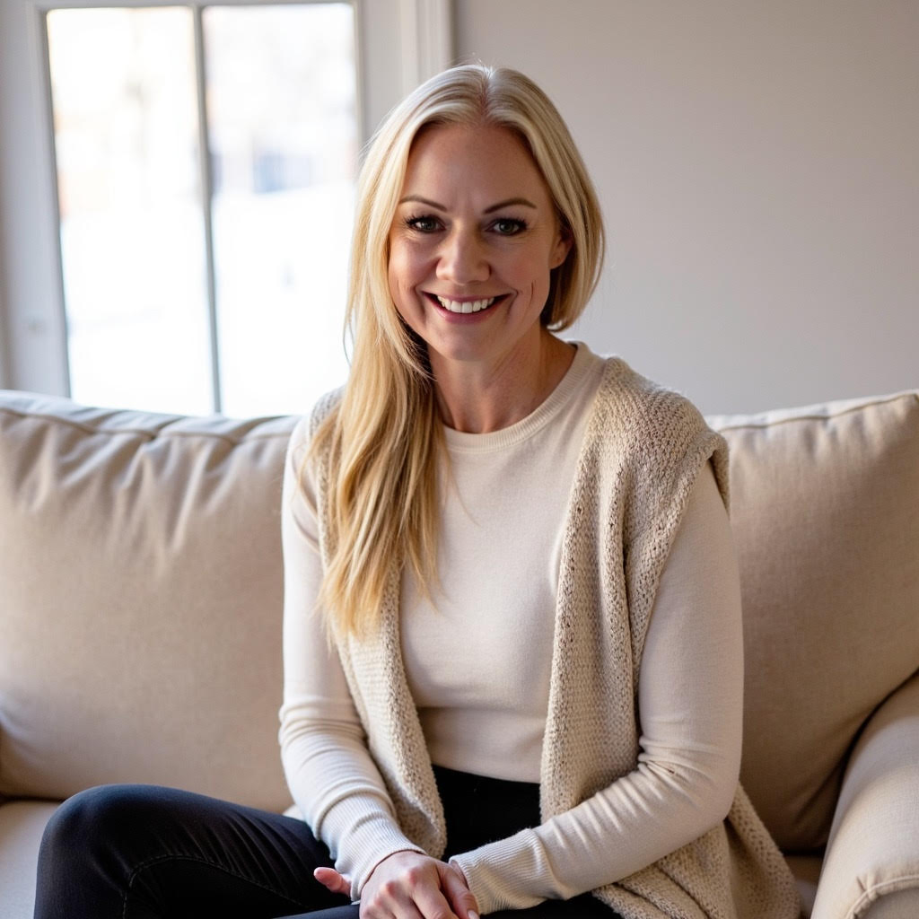 Jodi Johnston, executive and leadership coach, smiling on a sofa